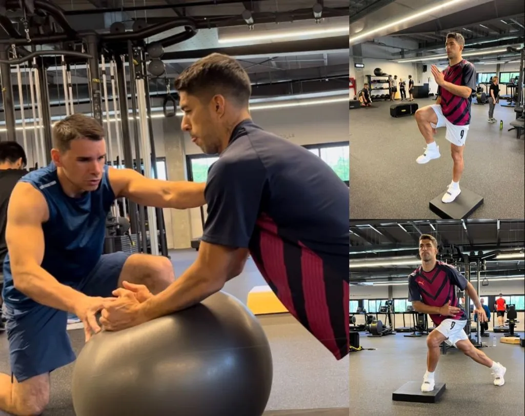 Collage de ejercicios de entrenamiento con un fisioterapeuta y un deportista usando una pelota de ejercicio
