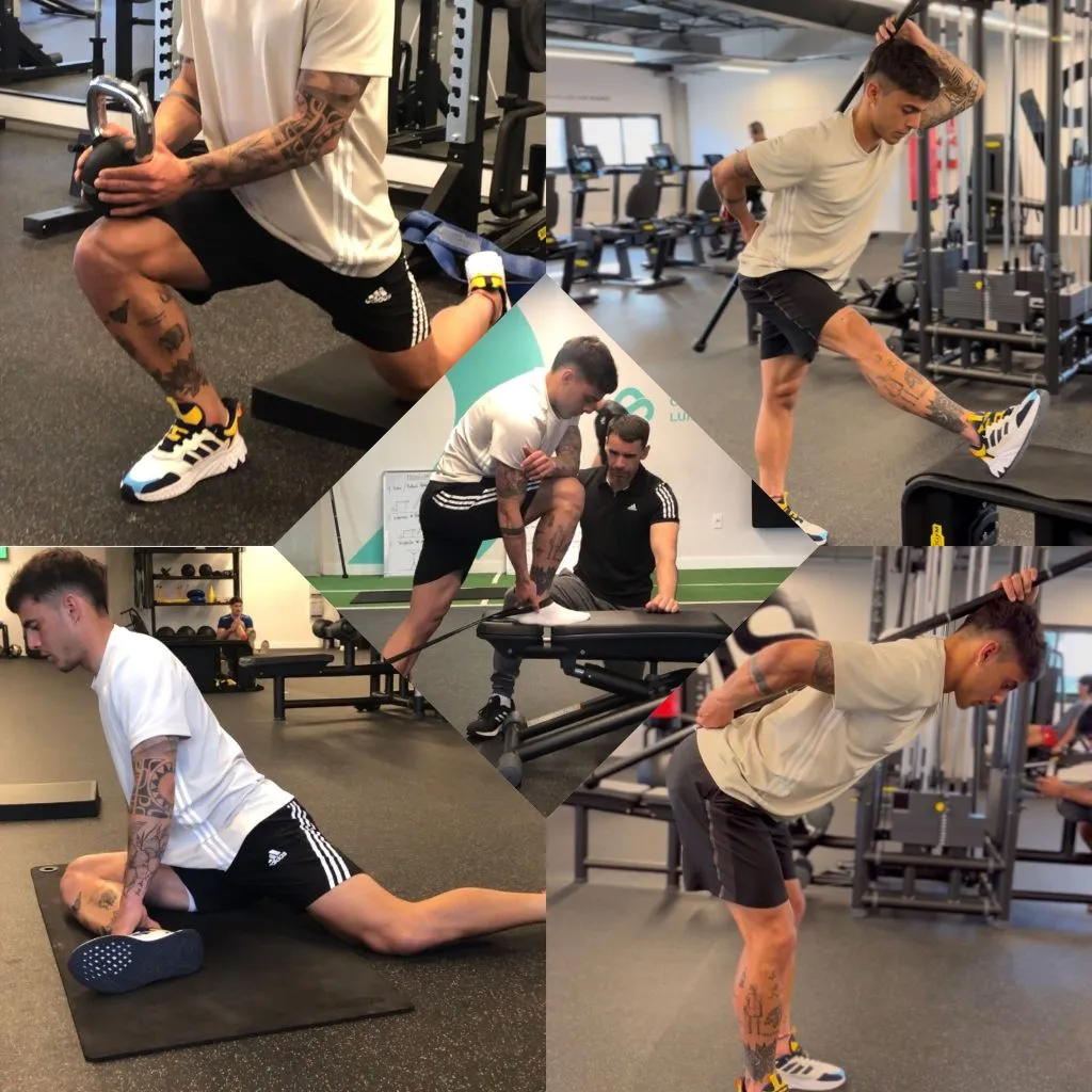 Collage de personas realizando ejercicios de movilidad y estiramiento en un gimnasio